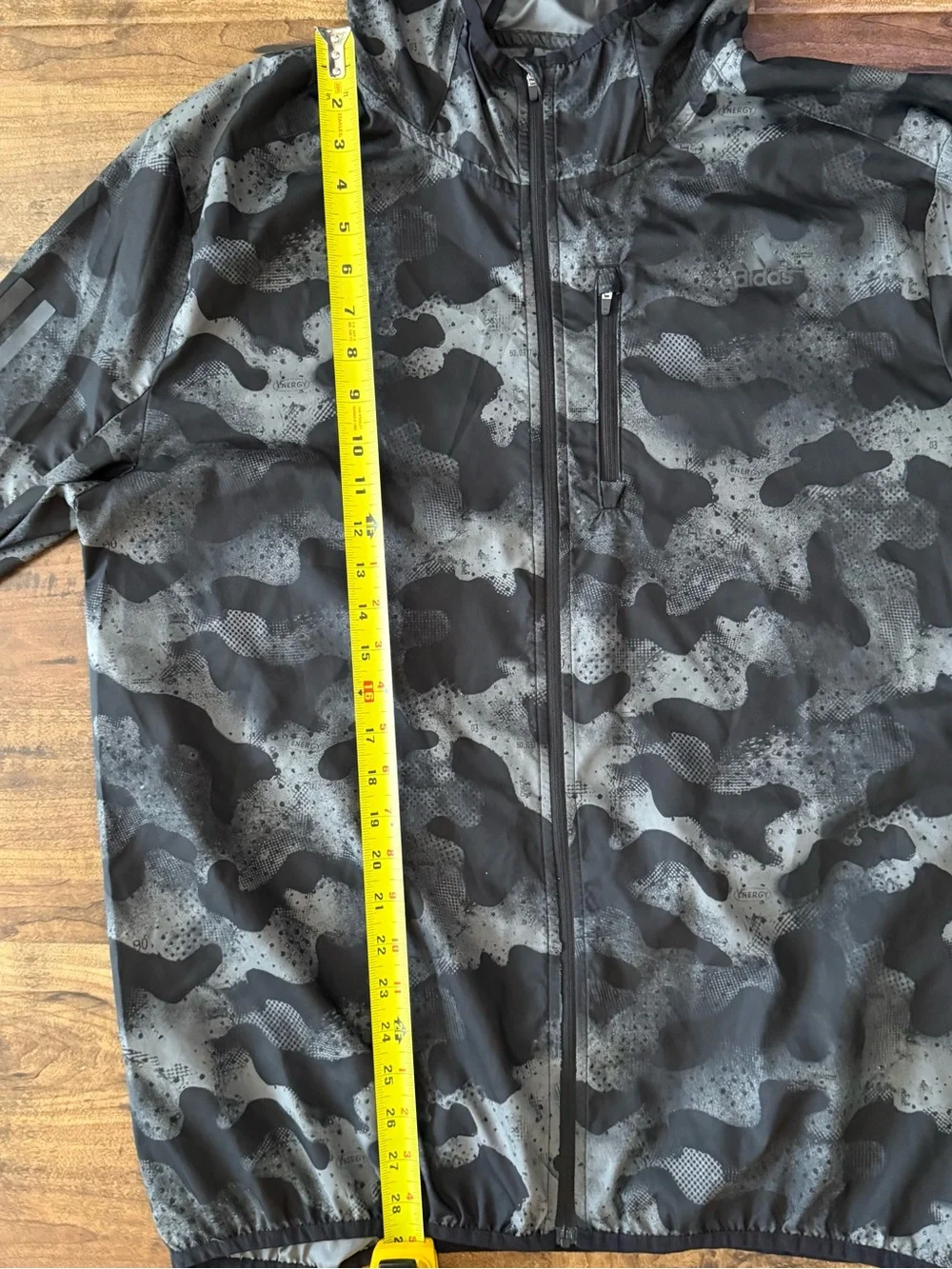 Adidas Own The Run Jacket Mens L Black Camo Hooded Full Zip Windbreaker